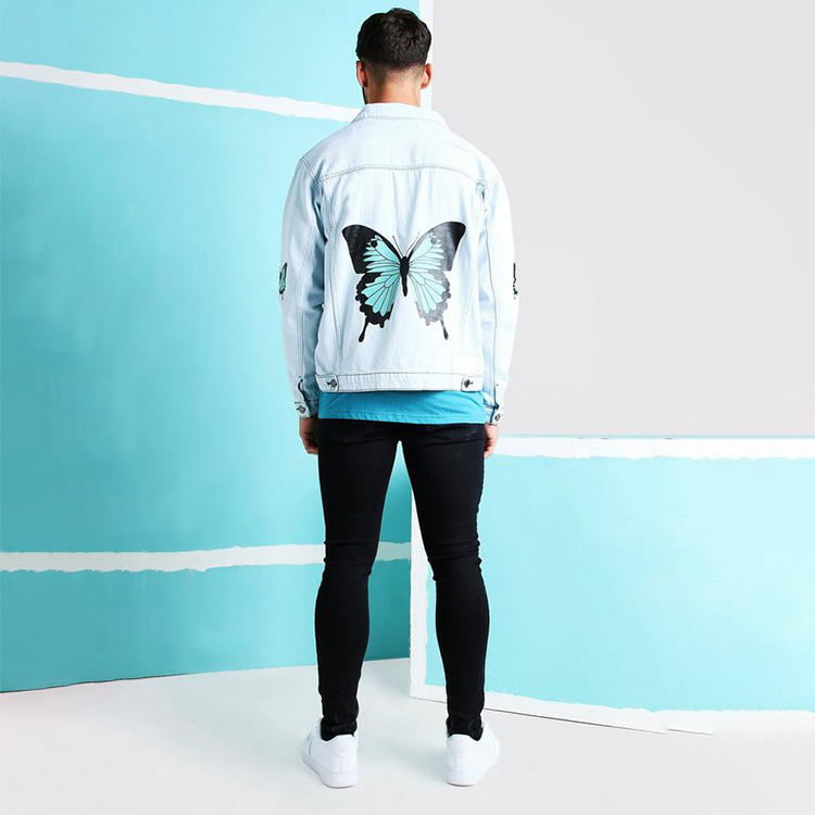 Dongguan Clothing Custom Loose Fit Butterfly Print Mens Denim Jacket 